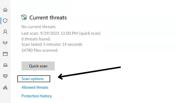 scanning Windows 10 laptop or computer full scan option